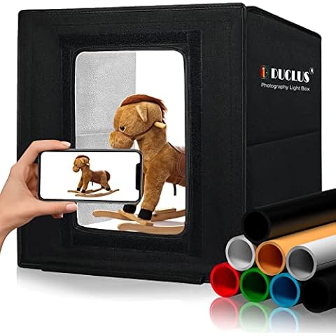 DUCLUS Fotobox zum Fotografieren, 30x30 cm Photobox zum Produktfotografie, Faltbare Mini Fotostudio Set mit Dimmbare 112 LEDs, 8 Glänzende Hintergründe für Lichtzelt zum Schmuck Kleine Gegenstände Cover