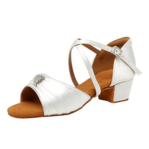SWDZM Girls Latin Dance Shoes Low Heel Satin Ballroom Salsa Pratice Dance Shoes,1030 Bianco 7 M US Big Kid