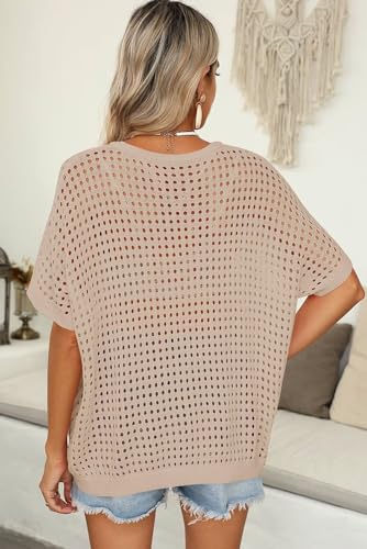 Dokotoo Womens Summer V Neck Short Sleeve Button Down Sweater Casual Crochet Hollow Out Knit Tops Beach Coverup3