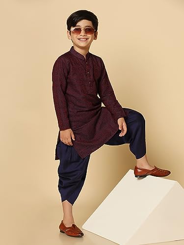 Image of KISAH Kid's Full Sleeves Silk Blend Knee Length Woven Design Purple Kurta Dhoti Set (11-12Y)