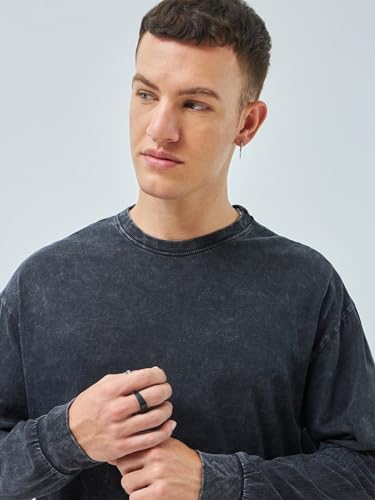 Image of Bewakoof Men's Solid Oversized Fit Full Sleeve Round Neck Cotton T-Shirt