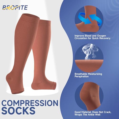 Image of bropite Toeless Compression Socks for Women&Men-2 /3 Pairs Open Toe Compression stocking Support 15-20mmhg Knee High Circulation