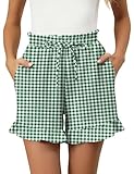 IECCP Womens High Waisted Summer Casual Shorts Fashion Cute Pleated Ruffle Workout Shorts with Pockets Green Plaid M