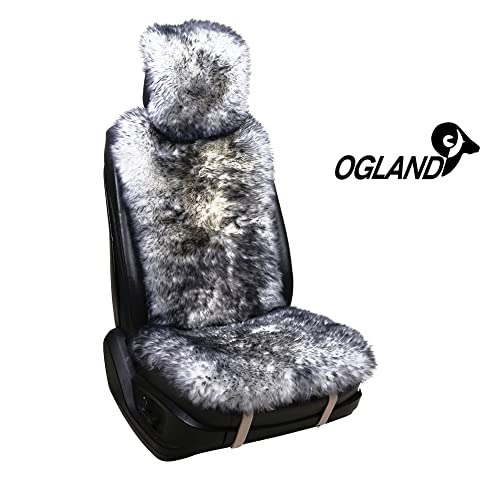 Ogland Sheepskin Fur Car Seat Covers, Universal Size Australian Long Wool Car Seat Cushion For Adult Man Women, 1 Piece Seat (Wolf Tipped) #TOP1