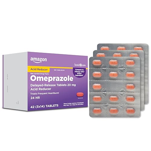 Image of Amazon Basic Care Omeprazole Delayed Release Tablets 20 mg, Acid Reducer, Treats Frequent Heartburn, Cream, Regular, 42 Count (Pack of 2), 42 Count,