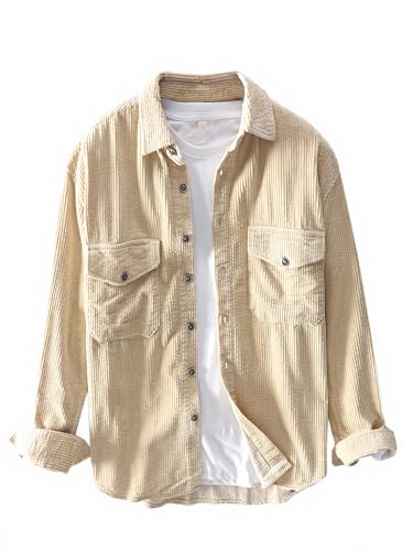 Men's Corduroy Long Sleeve Shirt Relaxed Fit Casual Warm Wear Button Down Jacket With Pockets