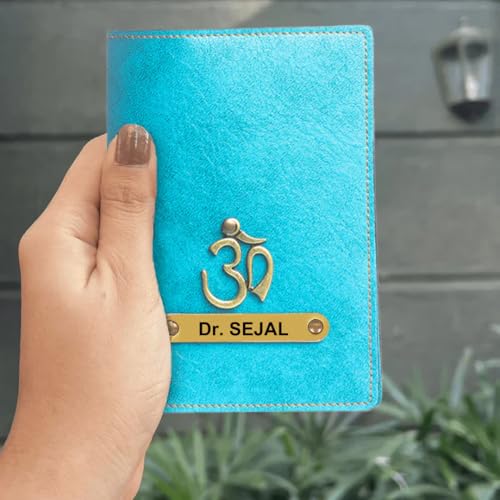 Image of ncgifts Customised Leather Passport Holder: Personalised Name & Charm for Men & Women - Unique Travel Gift, Document Organiser, Boarding Pass Holder, Customised Gifts for Men & Women (Sky Blue)
