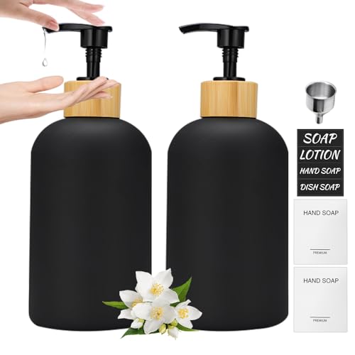 XPJBKC 2 Piezas Dispensador Jabon Baño, 400 Ml Botes para Gel y Champu, Reutilizable Dosificador Jabon Baño de Vidrio con Bomba, Embudo y Etiqueta, Dispensador de Jabon para Baño y Cocina