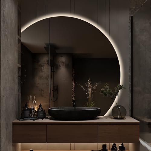 Niccy Half Moon LED Mirror for Bathroom 28 Semi Backlit Frameless Makeup Mirror with Light Anti-Fog Shatter-Proof 3 Colors Smart Vanity Mirror