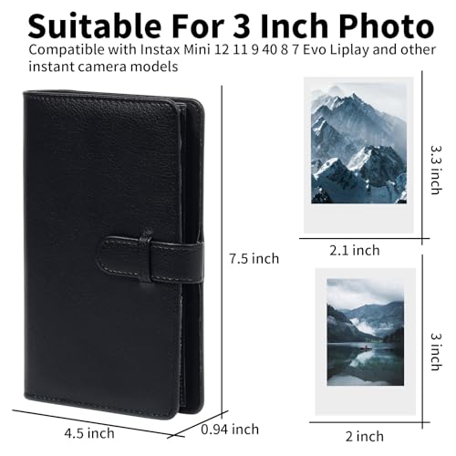 Easy Hood Fotoalbum, Foto Album mit 108 Taschen für Sofortbildkamera, PU Leder Fotobox, Kartenhalter, 3 Zoll Film Fotobuch, Schwarz