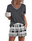 Ekouaer Women's Pajamas Sets Short Sleeve Lounge Sets Sleepwear Casual Two Piece Pjs With Pockets Plaid Print XL