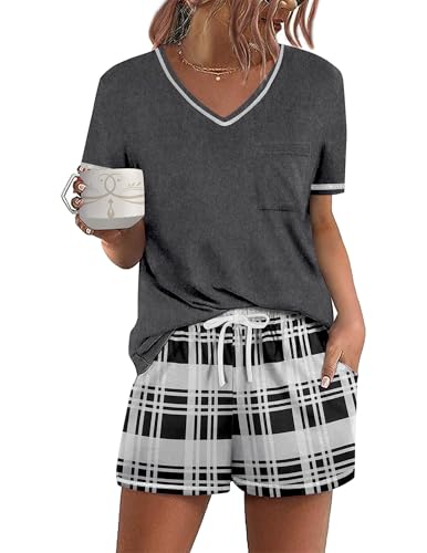 Ekouaer Women's Pajamas Sets Short Sleeve Lounge Sets Sleepwear Casual Two Piece Pjs With Pockets Plaid Print Small