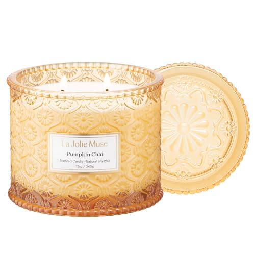 LA JOLIE MUSE Fall Candles – Pumpkin Candle with Spicy Chai & Vanilla | 12 oz Double Wick Soy Candle | 60 Hours Clean Burn | Autumn Home Décor & Hosting Gift
