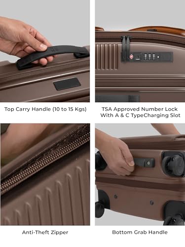 Image of EUME Aerotop Cabin Trolley Bag Small | Top Open Suitcase | Expandable Hard Polycarbonate Luggage | TSA Lock, Anti Theft Zipper, Silent Wheels | 16 inch inch Laptop Holder + Charging Port | 50L Brown