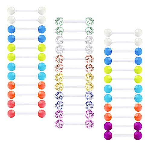 MODRSA Nipple Tongue Rings Nipplerings 14G Piercing Barbell Plastic Flexible Clear Bar Retainer Glow in The Dark Ball Glitter for Women Men 36pcs 12-18mm