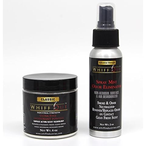 Whiff Out 6oz Classic Deodorant Powder & 2 oz Classic Spray Mist Bundle- Oil Color and Aerosol Free Spray Eliminate Stale Smoke Aroma On Clothing and Ashtray Cover