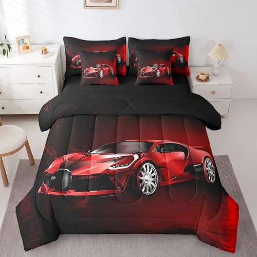 Feelyou Sports Car 7 Piece Bedding Set Red Race Car Comforter Set with Sheets for Kids Boys Girls Extreme Sports Theme Bed in a Bag Cool Speed Luxury Car Decor Bed Set with 1 Pillowcase Twin