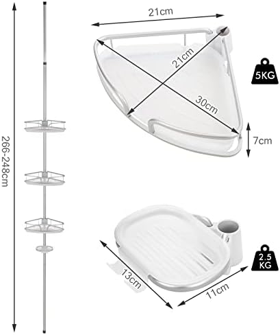 CASART Corner Shower Caddy, Height Adjustable Freestanding Shower Shelf with 3 Baskets & 1 Soap, Rustproof Tension Pole Organizer for Bathroom Bathtub Hotel