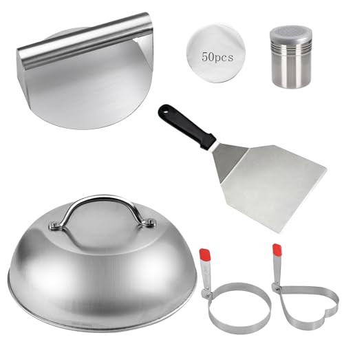 HpCuales Smash Lot de 7 ustensiles de barbecue en acier inoxydable avec presse à hamburger, spatule pour barbecue, cloche à hamburger, saupoudreuse à épices et 2 anneaux à œufs pour de délicieux