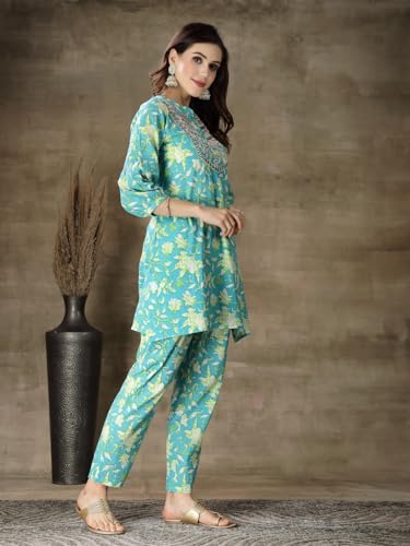 Image of Stylum Women's Printed & Embroidered Cotton Short A-Line Kurti Pant Set