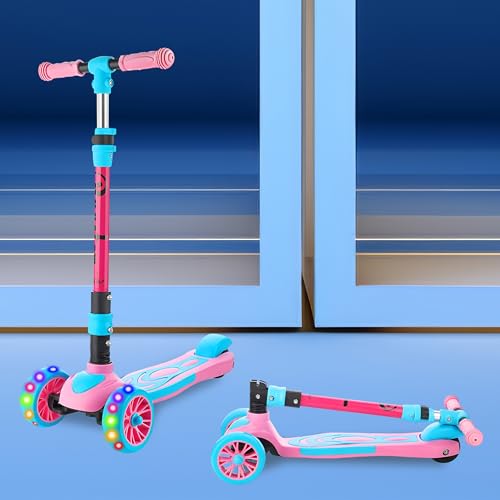 Image of Toyshine 3 Wheel Rooster LED Wheels Runner Scooter with Anti Slip ABS Base Aluminium Structure Height Adjustable Handlebar Max Load 45kg for Kids Boys Girls - Pink