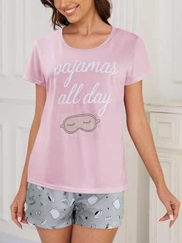 Image of VENTELAN Pajama Set For Women Cute PJS Summer Short Sleeve Shorts Sleepwear