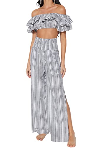 Trendyol Gestreiftes zweiteiliges Damen-Set mit Gimped, grau, 60