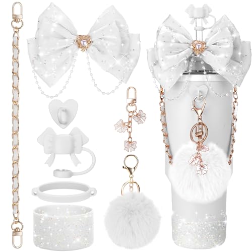 Mity rain Bling Cup Accessories for Stanley Cup 30oz 40oz 20oz Tumbler with Handle, including Bow Straw Topper Cover, Straw Bow Decorate, Leather Water Bottle Handle Strap, Boot (White)