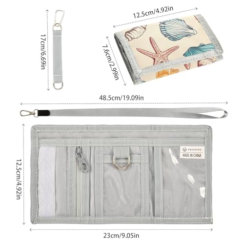 Shell Pattern Durable Nylon Fabric Wallet for Boys and Girls - Multi-Functional with 2 Clear Pockets, Zipper Coin Compartment, 3 Card Slots & Keyring3