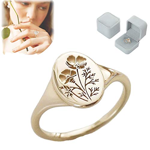 Handmade Flower Signet Ring,Minimalistic Statement Ring with Botanical Engraved,Delicate Personalized Jewelry Gift for Women/Girls (7)