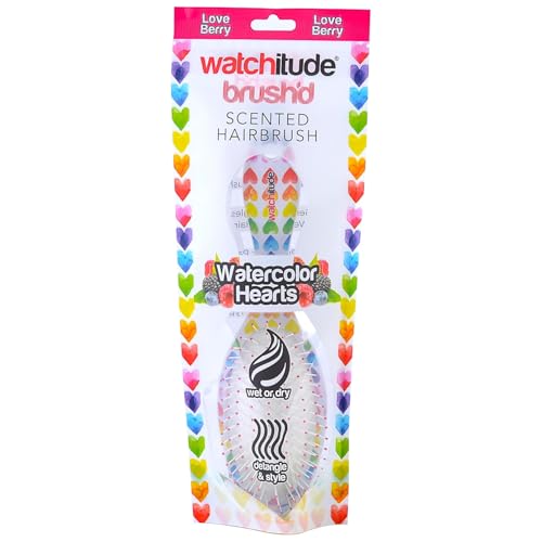 Watchitude: Scented Hair Brush - Watercolor Hearts - Kids Berry Scented Stylish Brush, Wet Or Dry Hair, Durable Bristles, Soft Touch Rubberized Finish