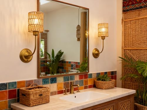 Image of Yosoan Set of 2 Rattan Boho Wrapped Wall Sconce Light, Indoor Hardwired Gold Hand-Woven Farmhouse Vintage Lamps, Brass Braided Rope Shade Wall Mount Fixture for Reading Bedroom(Antique)