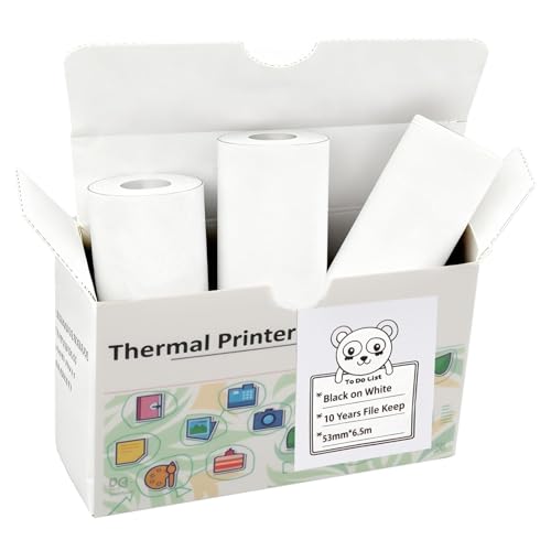 T02/M02X/M02L/M02S Nicht-klebe Papier für Mini-Drucker, 3 Rollen, 53 mm x 6,5 m, Haltbarkeit von 10 Jahren, Kompatibel mit Phomemo T02/M02X/M02L/Q02 Taschendrucker（Weiß）