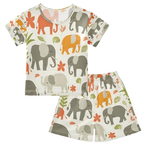 senya Short Sleeve Pajamas Sets Summer Cotton Sleepwear Grey Orange Elephants