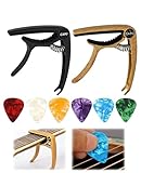 ALONK 2 Stück Kapodaster für Gitarre, Capo Gitarre mit 6 Plektren für Ukulele, Westerngitarre und E-gitarre (schwarz, Hellbraun)
