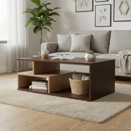 Image of RIZIK STORE Engineered Wood Coffee Table in Walnut Finish | Modern Living Room Center Table with Suede Texture | Sofa & Tea Table | DIY Installation | Warranty Protected (Brown & Cream) (90x50x35cm)