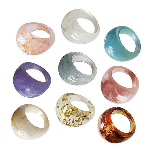 Bagues en résine acrylique VALICLUD lot de 9 anneaux épais rétro multicolores