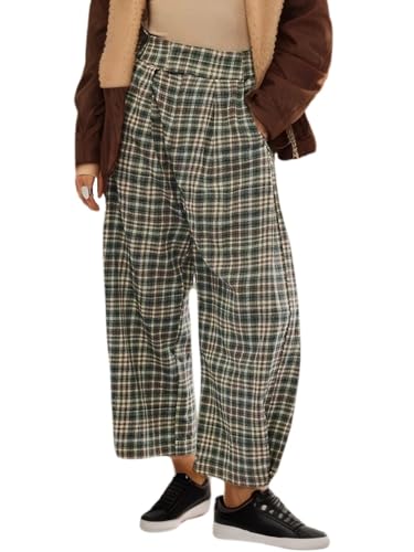 Plaid Wide Leg Pants Woman Loose Mid Rise Baggy Pant Christmas Casual Barrel Trousers with Pockets Green