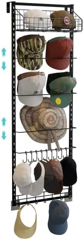 Yociyoga Metal Hat Rack Organizer for Baseball Caps for Door Closet Hat Holder with Retractable Door Hangers, Storage Basket & 17 Hat Hooks, Height Adjustable Cap Storage Shelf