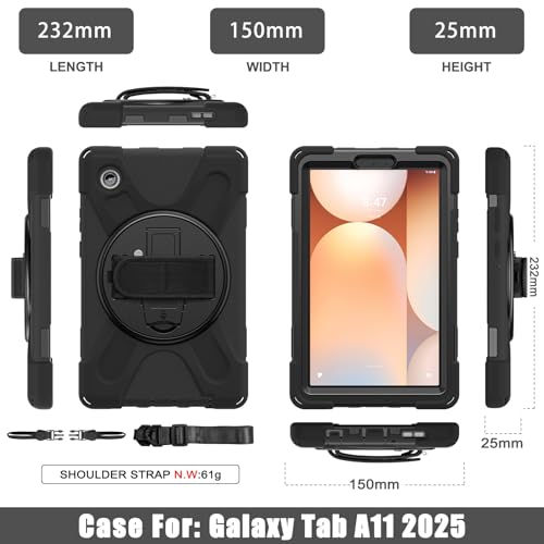 Image of ProElite Cover for Samsung Galaxy Tab A11 8.7 inch 2025 Cover, Rugged 3 Layer Armor case Cover for Galaxy Tab A11 8.7 inch 2025 with Hand Grip & Rotating Kickstand with Shoulder Strap, Black