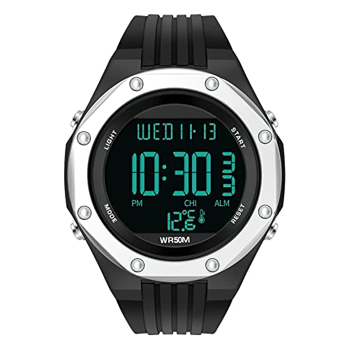 Multifonctionnel Montre de Sport pour Homme, Yideng Étanche Outdoor Sport Montre Homme avec Thermomètre LED Alarme Chronomètre Calendrier 12H/24H Grand Cadran Militaires Sport Montres (Argenté) Cover