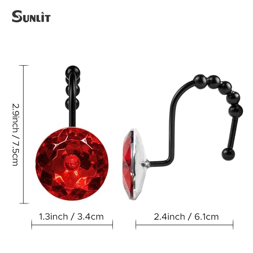 Sunlit Luxury Design Round Red Diamond Crystal Gem Bling with Glide Balls Shower Curtain Hooks, Rust Proof Metal Rhinestones Glam Shower Curtain Rings with Black Hooks, Set of 12