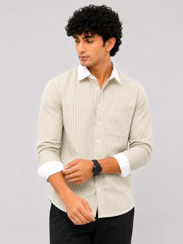 Image of Men's Striped Casual Shirt | White Collar & White Cuff Design | Full Sleeve Cotton Blend Shirt for Men | Slim Fit Stylish Casual Wear