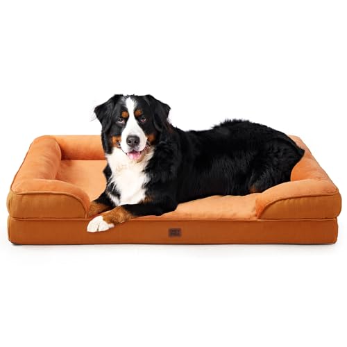 Image of EHEYCIGA Orthopedic Dog Beds for Extra Large Dogs, Waterproof Memory Foam XXL Dog Bed with Sides, Non-Slip Bottom and Egg-Crate Foam Big Pet Couch Bed with Washable Removable Cover,Pumpkin Orange
