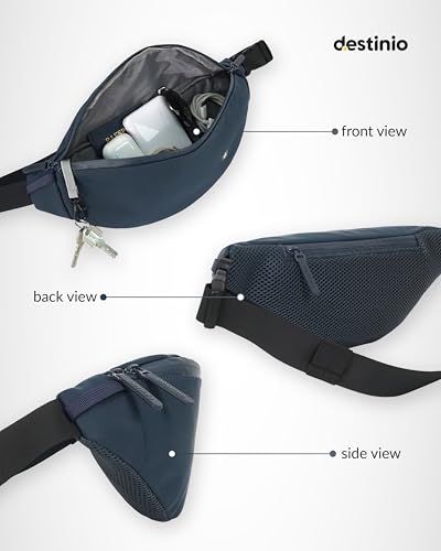 Image of Destinio Waist Bag for Men and Women - Anti Theft, Waterproof Zippers and Back Pocket - Large Travel Waist Pouch, Fanny Pack, Belt & Hip Bag for Hiking, Passport, Gym (Blue)