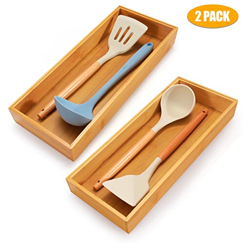 Lixple Bamboo Drawer Organizer Silverware Tray - For Drawer, Stackable Wooden Drawer Organizer For Kitchen Utensils, Multi-Use Storage Box Bathroom Trays, Set Of 2, 15X6X2 Inch #TOP7