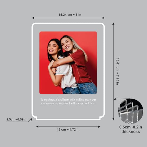Image of Giftplease Personalised Photo Acrylic Frame with Wooden LED Base - Custom Picture Desk Display for Sister, Unique Raksha Bandhan Gift for Sister from Brother, Birthday, Anniversary & Keepsake Decor