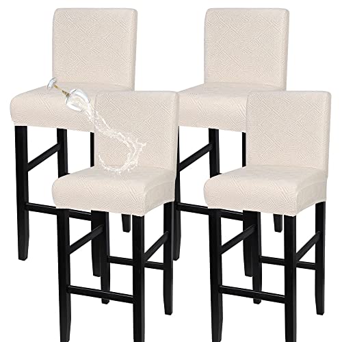Image of SearchI Water Repellent Bar Stool Covers Set of 4, Stretch Washable Barstool Seat Covers, Counter Height Chair Covers for Kitchen Dining Room Cafe (Beige Diamond Jacquard)