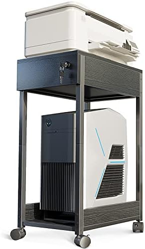 ODK Printer Stand with Storage, Computer Tower Stand with Lockable Drawer, Mobile PC Tower Stand, CPU Stand with Wood Desktop, Under Desk Storage with Wheels for Home Office, Black