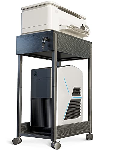 Odk Printer Stand With Storage, Computer Tower Stand With Lockable Drawer, Mobile Pc Tower Stand, Cpu Stand With Wood Desktop, Under Desk Storage With Wheels For Home Office, Black #TOP28